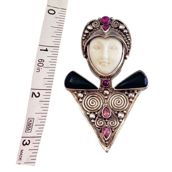 925 Silver Sajen Goddess Face BROOCH PIN PENDANT Onyx Ruby Rhodolite Garnet Gems - Picture 3 of 7